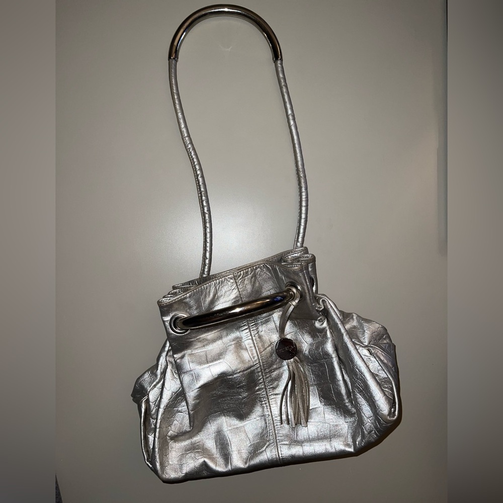 FURLA Italia Carmen Tote/Satchel Purse Silver Metallic Crocodile Print Designer